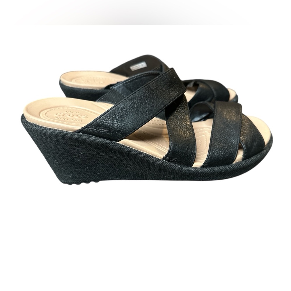 Crocs Women's Leigh Sandal Size 9 Criss Cross  Wedge Slide Black Leather Shoe
